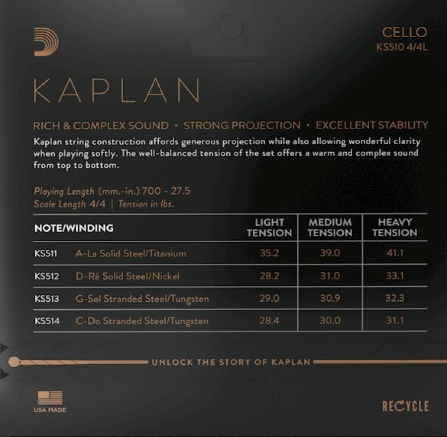 Strings D'Addario String Sets | D'Addario Kaplan Cello String Set